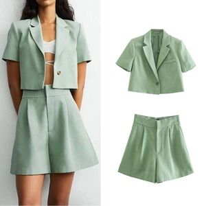 Zara Light Green Blazer and Shorts Ensemble